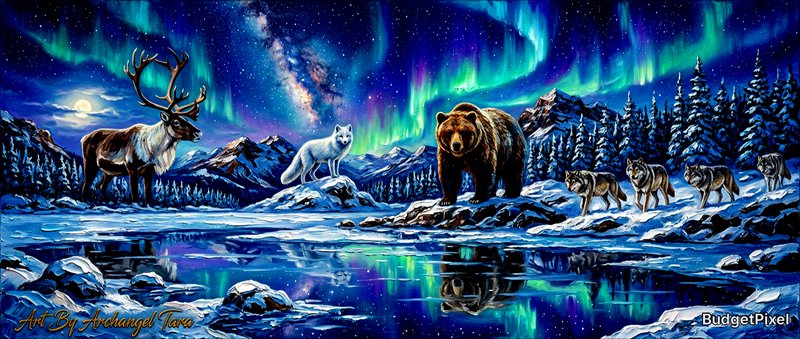 Snowy Arctic scene with a moose, brown bear, and wolves under green aurora borealis over a reflective icy lake.