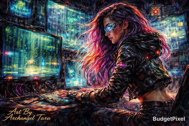Female hacker with colorful hair and sunglasses typing at neon-lit computers in a cyberpunk control room.