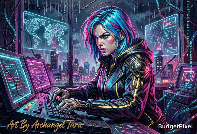 Cyberpunk female hacker with blue-pink hair in a neon-lit command center editing holographic screens.