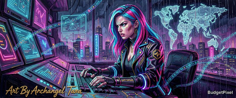 Cyberpunk female hacker at a neon-lit console with holographic screens and a world map backdrop