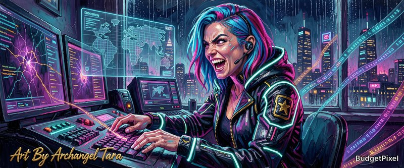 Cyberpunk hacker with neon blue-pink hair at a futuristic command desk in a neon-lit cityscape.