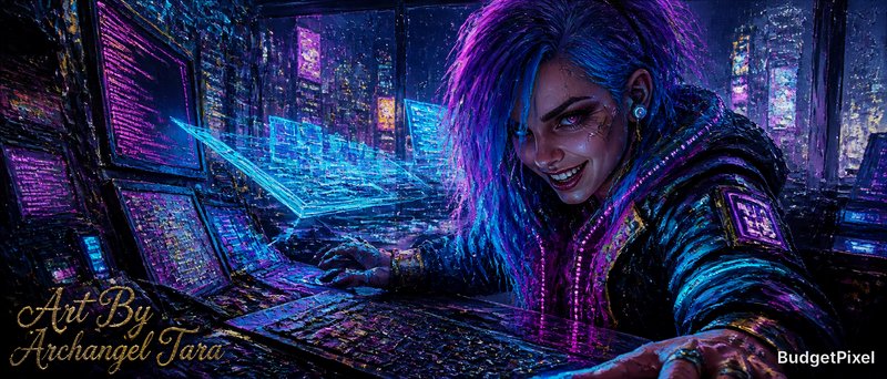 Cyberpunk hacker with purple-blue hair at a glowing neon workstation.