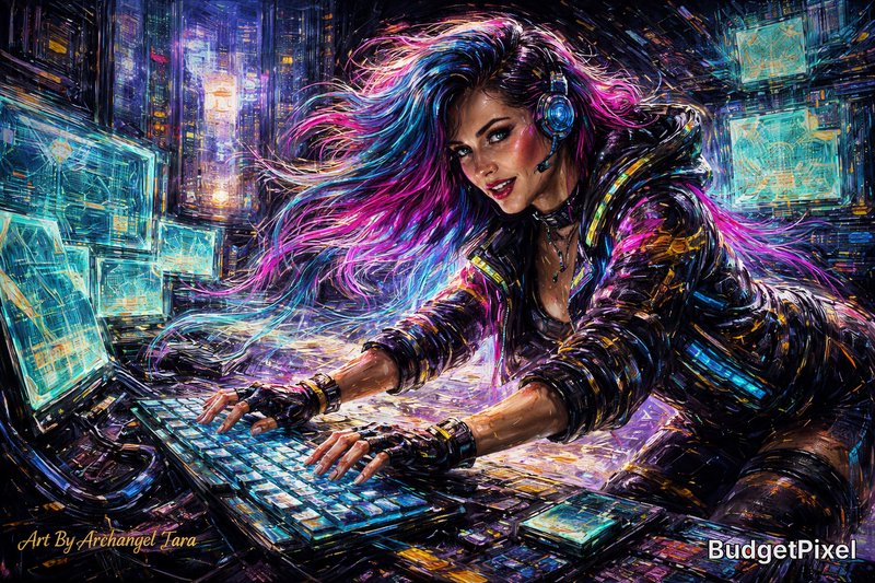Cyberpunk female DJ with colorful flowing hair wearing headphones at a neon-lit workstation.