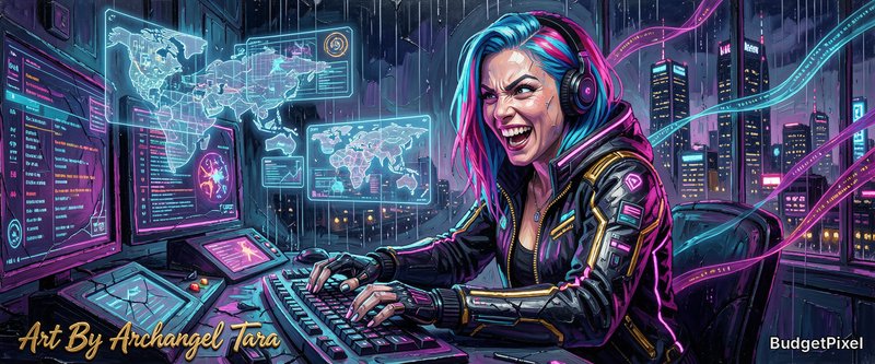 Female gamer with neon blue-pink hair and headset, typing on a glowing keyboard in a neon-lit futuristic data center.