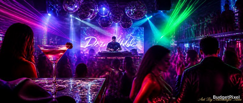Nightclub scene with DJ at center, colorful lasers, disco balls, and a cocktail on the foreground bar.