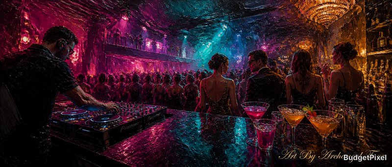 Vibrant nightclub scene with a DJ booth, colorful lights, and a crowded dance floor.