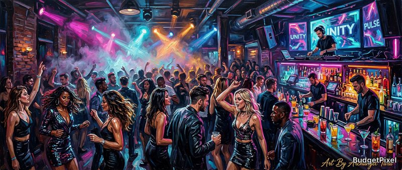 Nightclub scene with a DJ booth, colorful neon lights, and a lively dancing crowd.