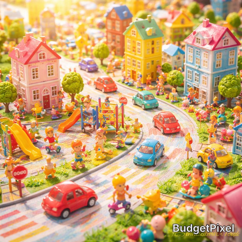 Colorful miniature toy town with houses, cars, and a playground scene