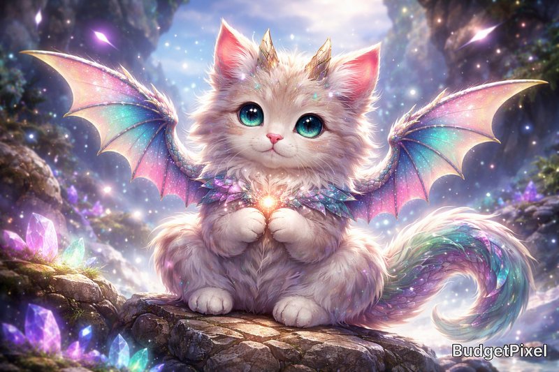 Adorable fluffy kitten with pastel dragon wings and a unicorn horn, sitting on a rocky ledge in a magical, sparkling scene.