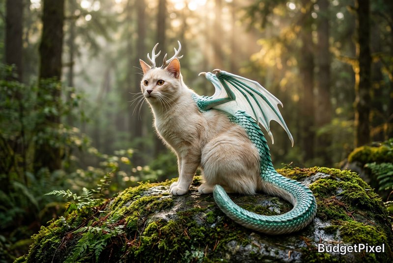 Cat with teal dragon wings perched on a mossy rock in a sunlit forest