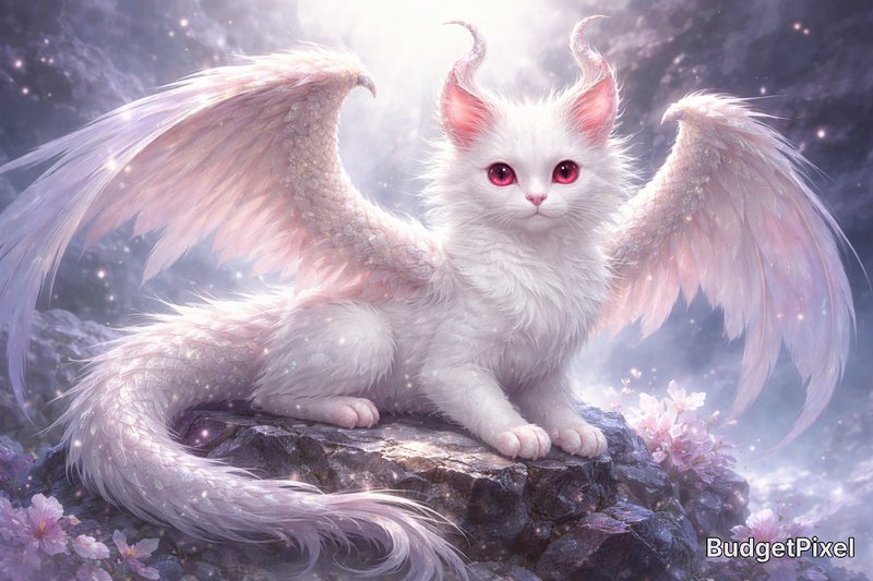 White winged cat with pink ears perched on a rock in a dreamy, magical landscape.