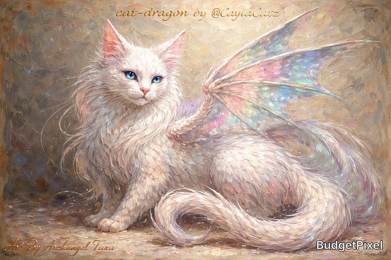 Fantasy cat-dragon with pastel iridescent wings and blue eyes in a textured painting.