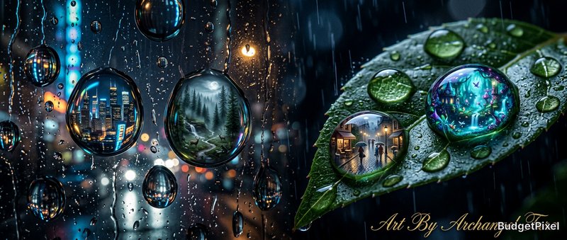Surreal raindrops on glass reveal city skyline, forest scenes, and a glowing world on a leaf.