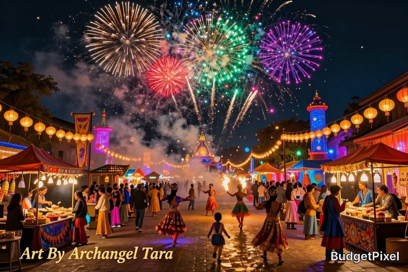 Colorful night festival with fireworks, dancers in traditional dresses, and lantern-lit market stalls.