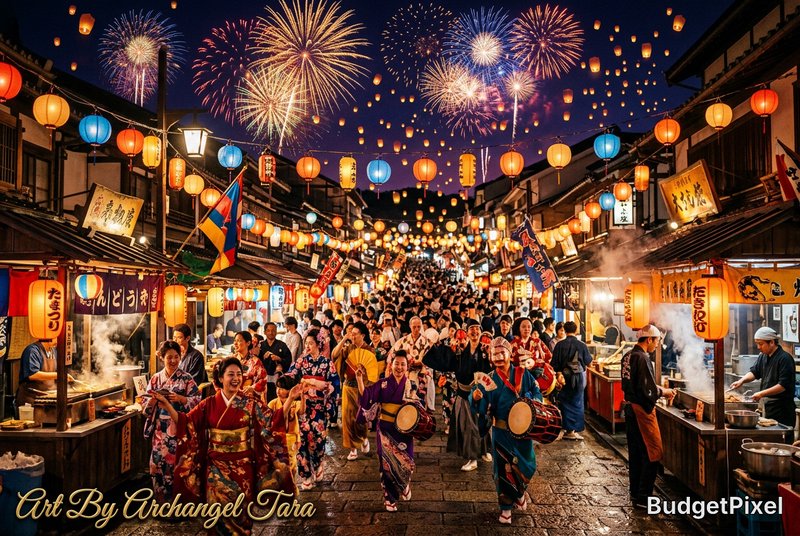 Colorful Japanese street festival at night with lanterns, dancers in kimonos, and fireworks overhead.