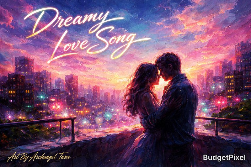 Romantic couple embracing on a city balcony at sunset with neon-lit skyline and dreamy pastel colors.