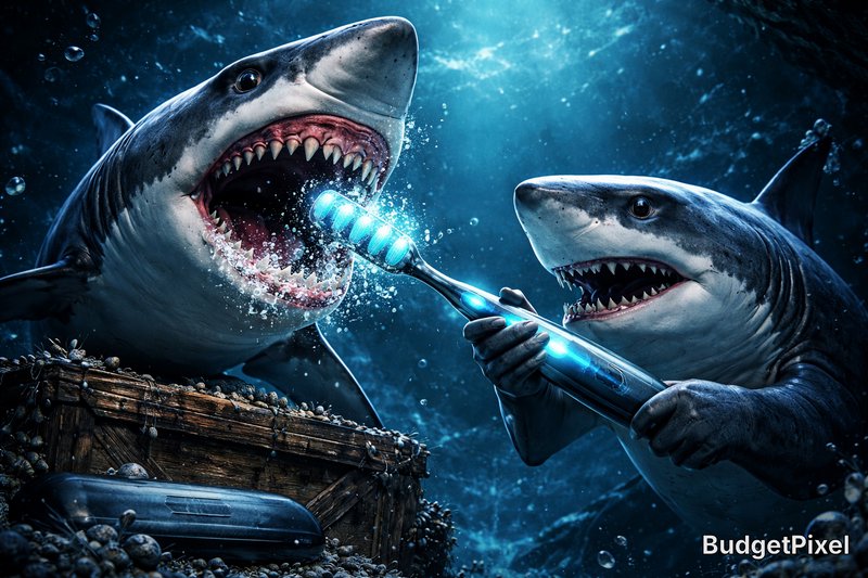 Two great white sharks brushing teeth with a glowing electric toothbrush underwater.
