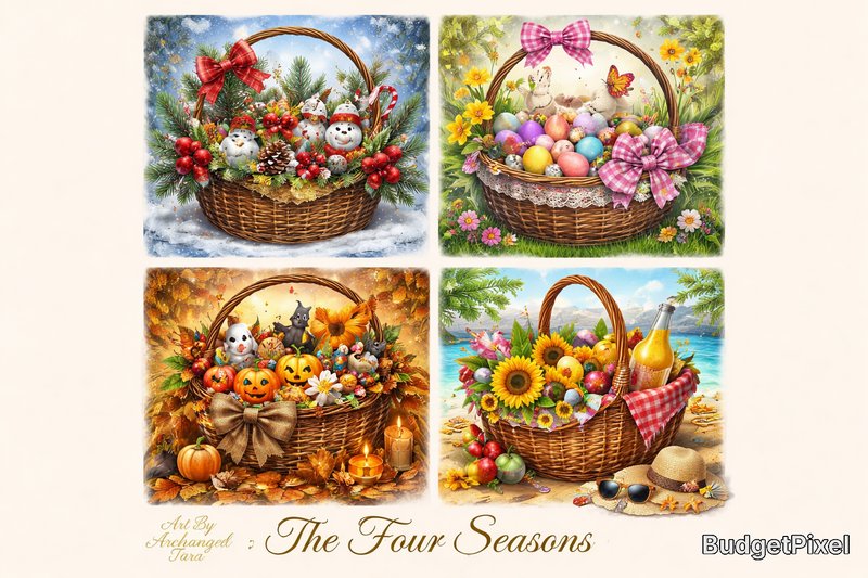 Four seasonal baskets with festive contents representing winter, spring, autumn, and summer.