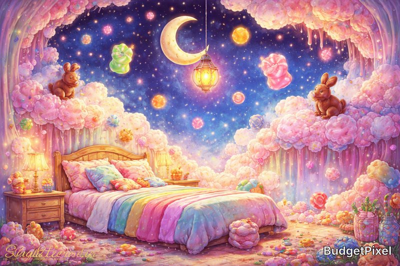 Dreamy candy-filled bedroom on clouds with pastel rainbow bedspread under a moonlit night sky.