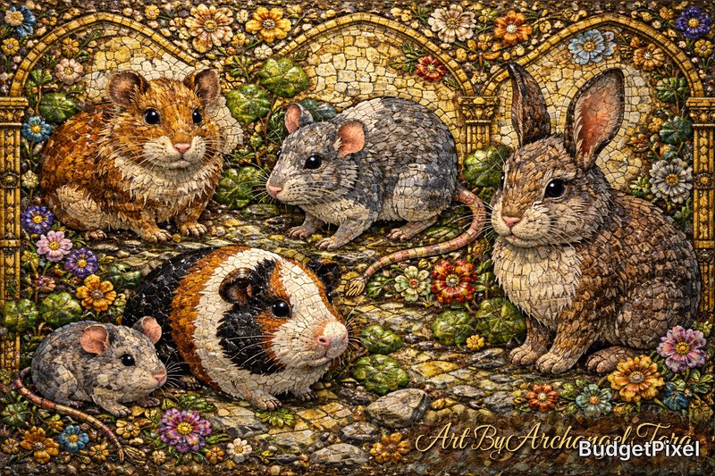 Mosaic-style scene featuring five small rodents and a rabbit among colorful flowers in a garden.