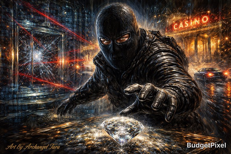 Masked thief reaching for a glowing diamond on a rain-soaked neon city street.