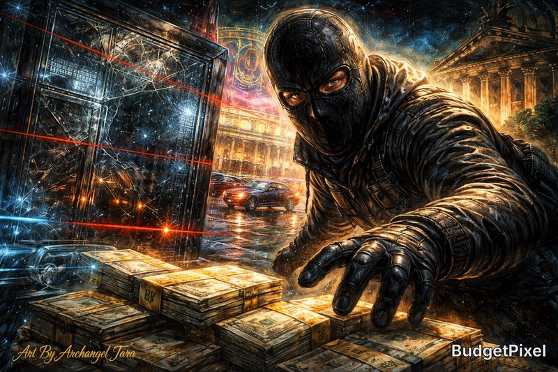 Masked thief reaching for stacks of cash in a neon-lit urban heist scene.