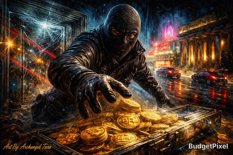 Masked thief reaching for a chest of glowing gold coins in a neon-lit urban night scene.