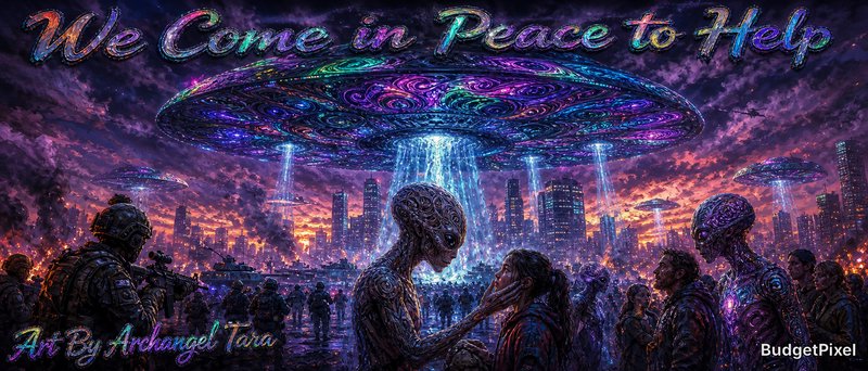 Alien beings meet humans under neon UFOs in a futuristic cityscape at dusk