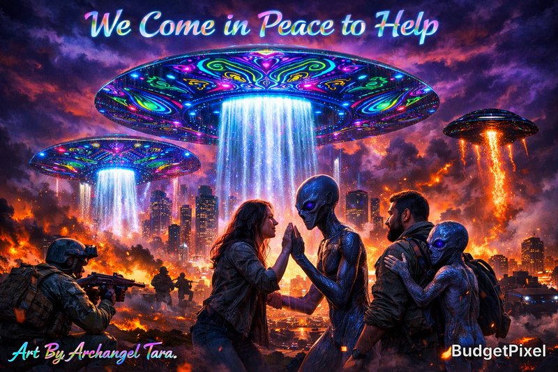 Aliens with humans greeting each other amid neon-lit UFOs over a burning city.