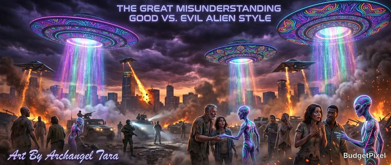 Sci-fi battle scene with colorful UFOs beaming light over a ruined city at dusk.