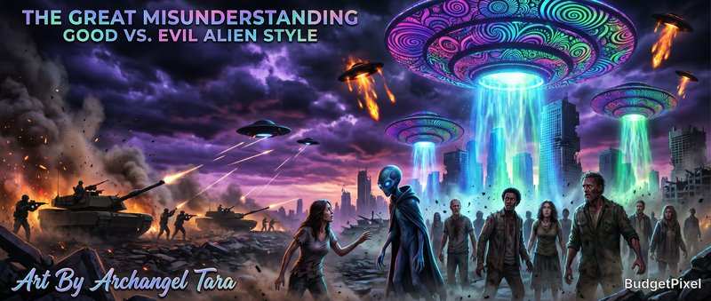 Vibrant sci-fi battle scene with neon UFOs and humans against a ruined city backdrop.