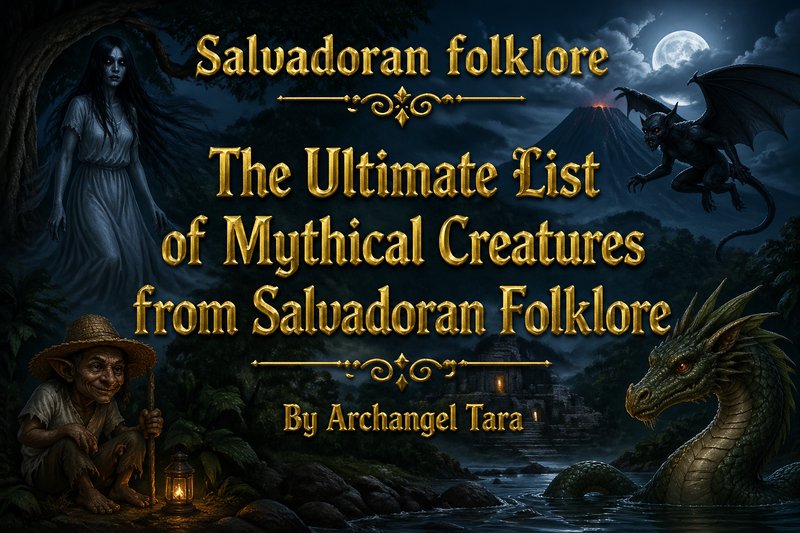 Dark fantasy scene with golden title text about Salvadoran folklore, featuring a dragon, witch-like figure, old man with