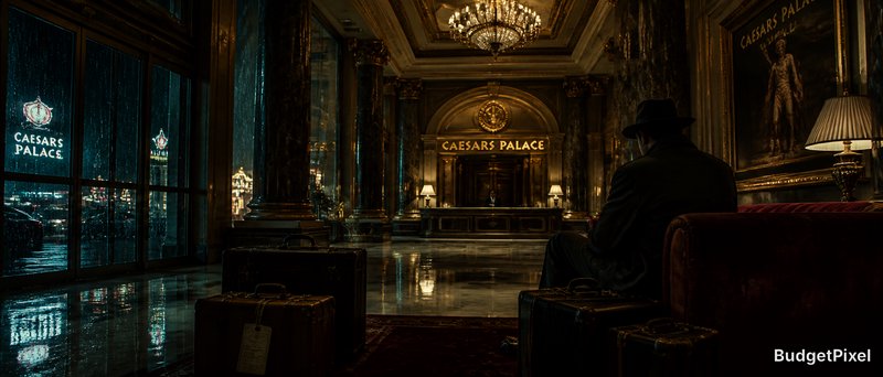 Dim luxurious Caesars Palace lobby with a man in a suit and hat sitting among vintage suitcases.