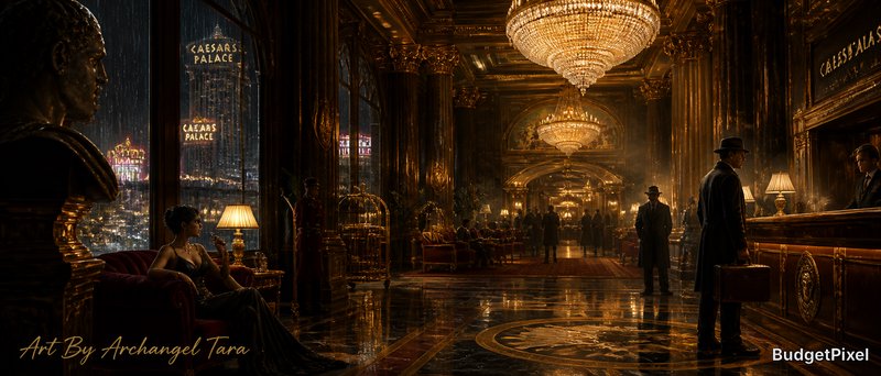 Luxurious casino lobby with gold decor, chandeliers, and patrons at Caesars Palace