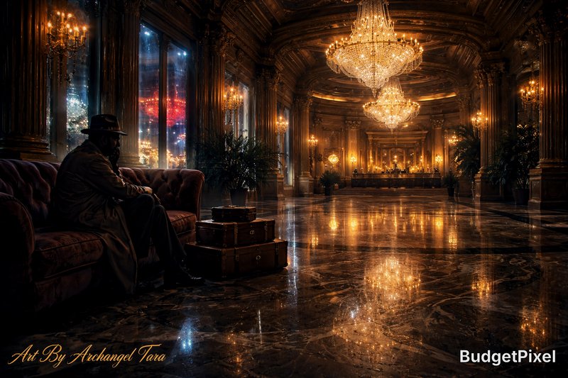 A solitary man in a hat sits on a velvet sofa in a grand chandelier-lit marble hotel lobby with vintage luggage.