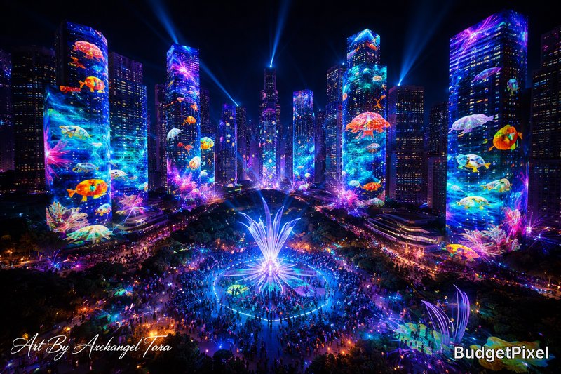 Night-time futuristic city square with tall skyscrapers displaying colorful jellyfish projections and a central