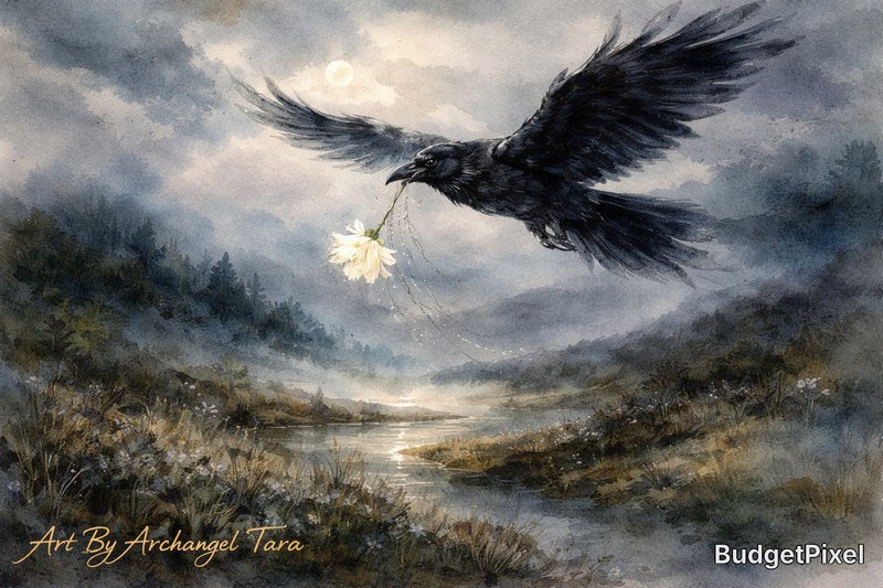 A black raven in flight over a misty lakeside landscape, holding a white flower.
