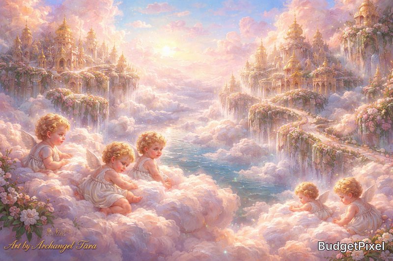 Four baby angels sit on fluffy clouds, overlooking a sunlit, ornate heavenly city with misty bridges.