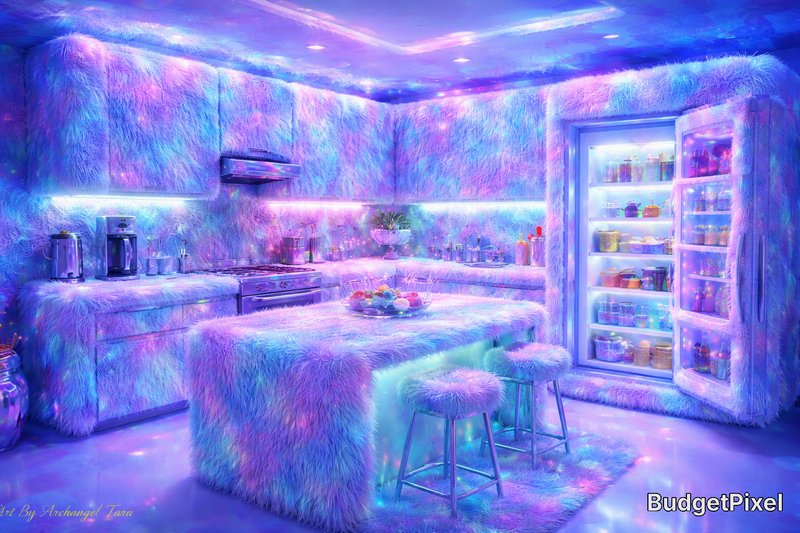Futuristic kitchen wrapped in pastel fluffy fur with neon blue-pink lighting and a glass-door fridge.