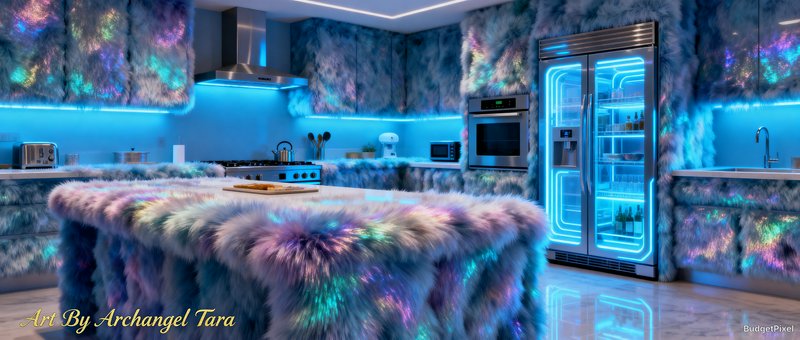 Futuristic kitchen with rainbow fur-covered island and blue neon lighting