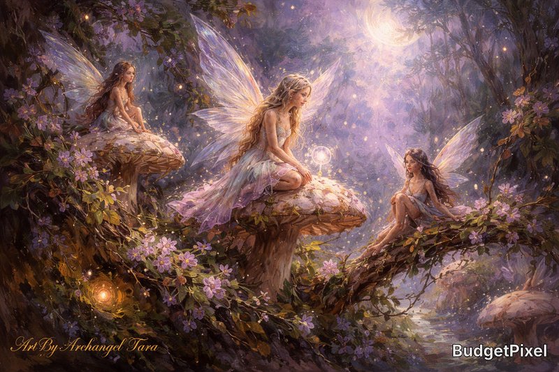 Three ethereal fairies with glowing wings perched on oversized mushrooms in a luminous enchanted forest.