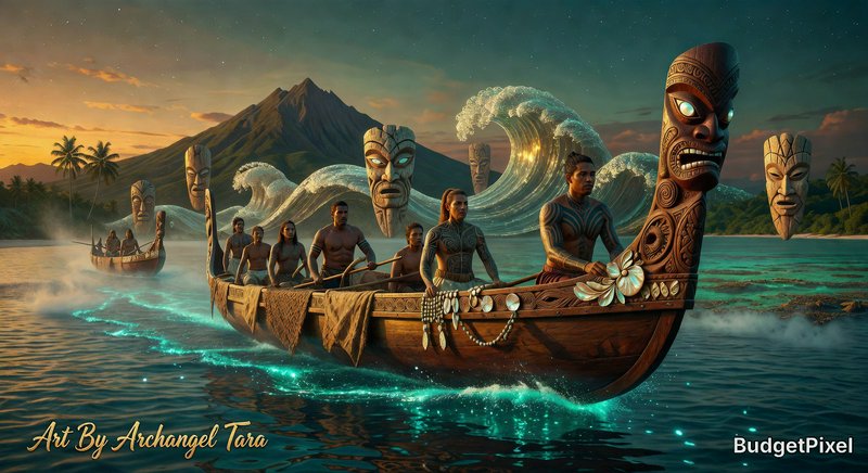 Tiki-decorated carved canoe with warriors paddling through glowing turquoise waves at sunset