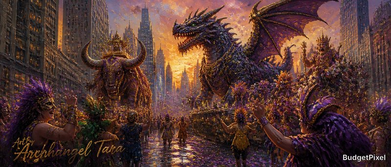 Fantasy parade in a neon-lit city with dragons and costumed revelers in purple and gold.