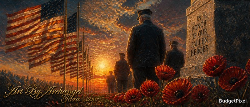 Sunset memorial scene with American flags, soldiers, and a monument surrounded by red poppies.