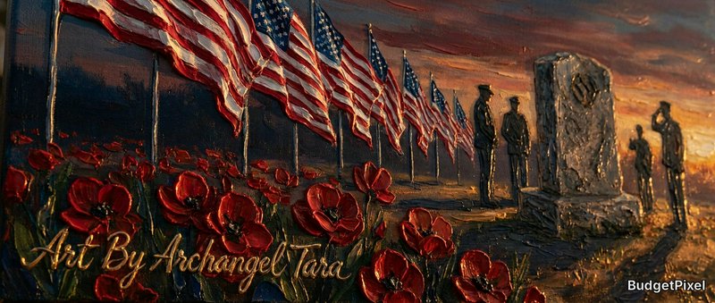 Row of American flags beside a memorial with red poppies at sunset.