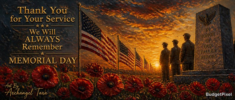 Memorial Day tribute with US flags, silhouetted soldiers, and red poppies at sunset.