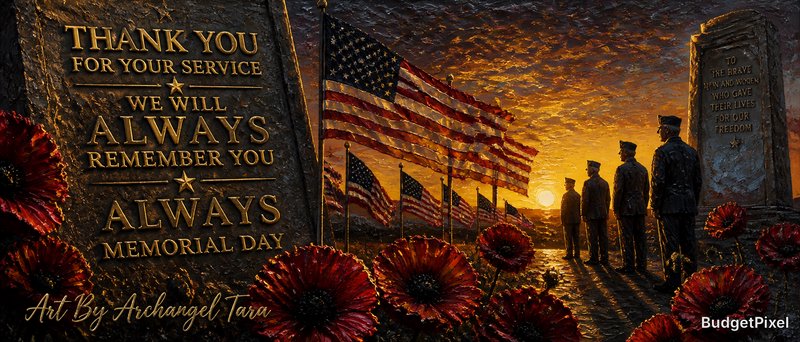 Memorial Day scene with American flags, silhouetted soldiers, sunset, and red flowers at a war memorial.