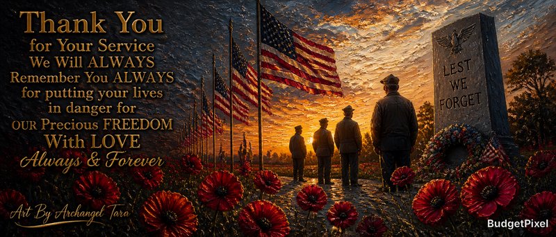 Memorial scene with soldiers, American flags, red poppies, and a "Lest We Forget" monument at sunset.