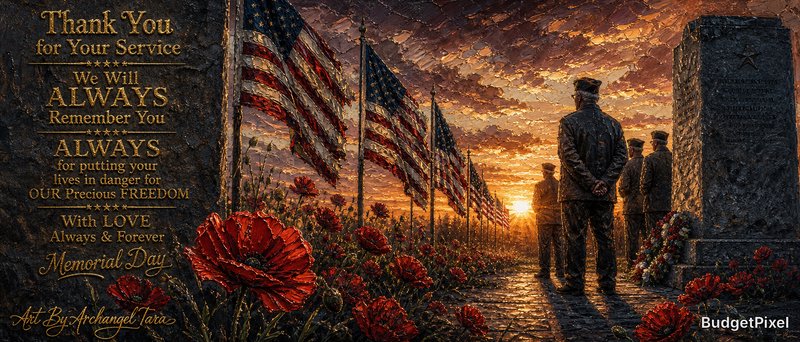 Memorial scene at sunset with American flags, soldiers, and red flowers along a commemorative path.