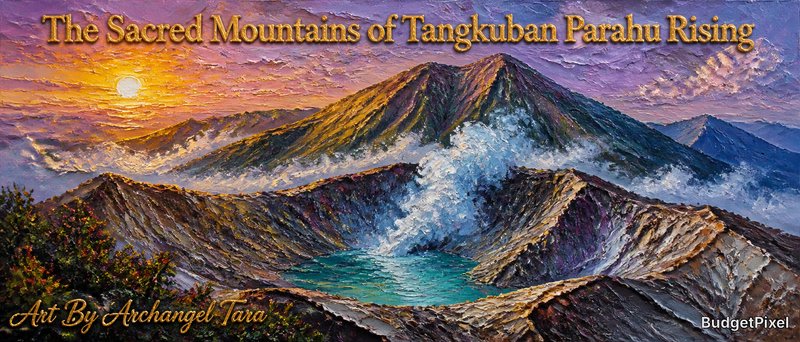 Sacred mountains rising at sunrise with a turquoise crater lake and dramatic textured brushwork.